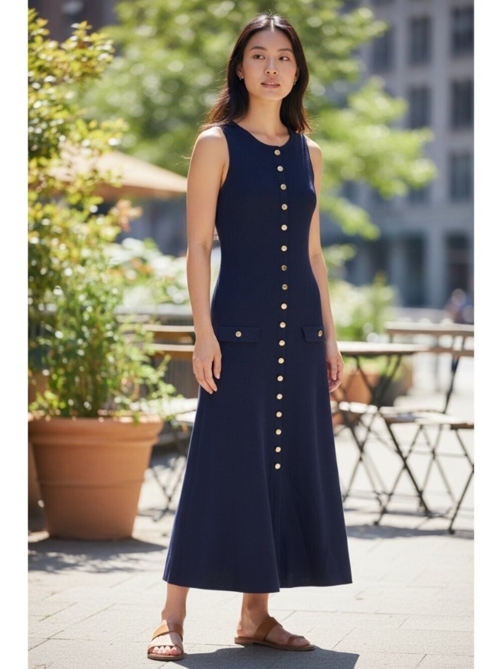 Meshki Sawyer Button Front Ribbed Maxi Dress XL Gold Button Detail Navy NWT